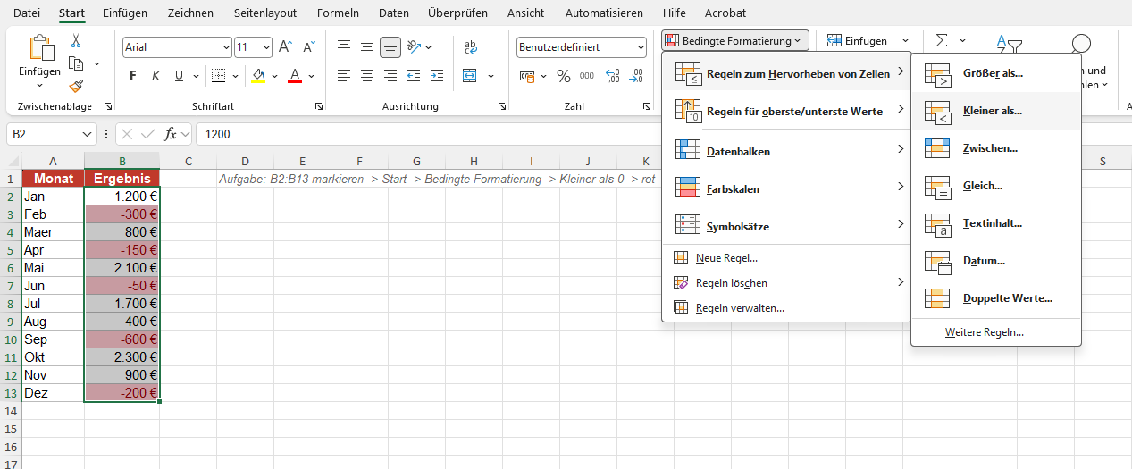 Ein Screenshot der die bedingte Formatierung in Excel zeigt