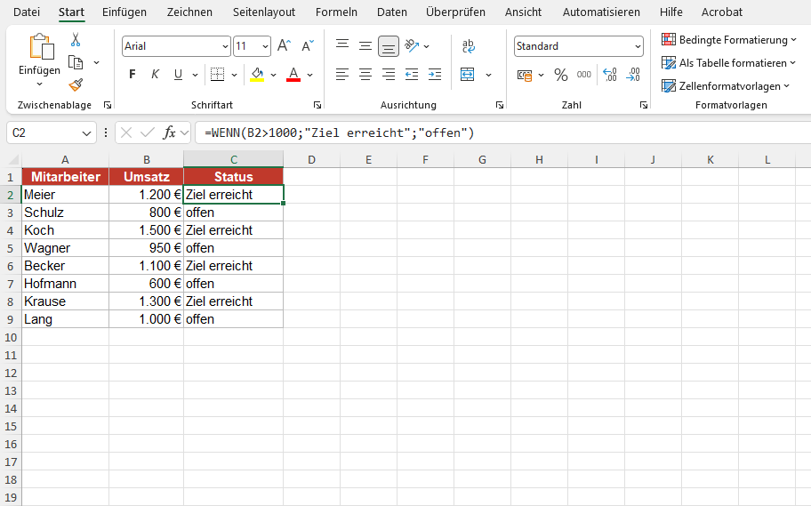 Die WENN-Funktion als Screenshot verständlich erklärt