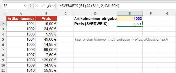 SVERWEIS in Excel konkret im Screenshot dargestellt