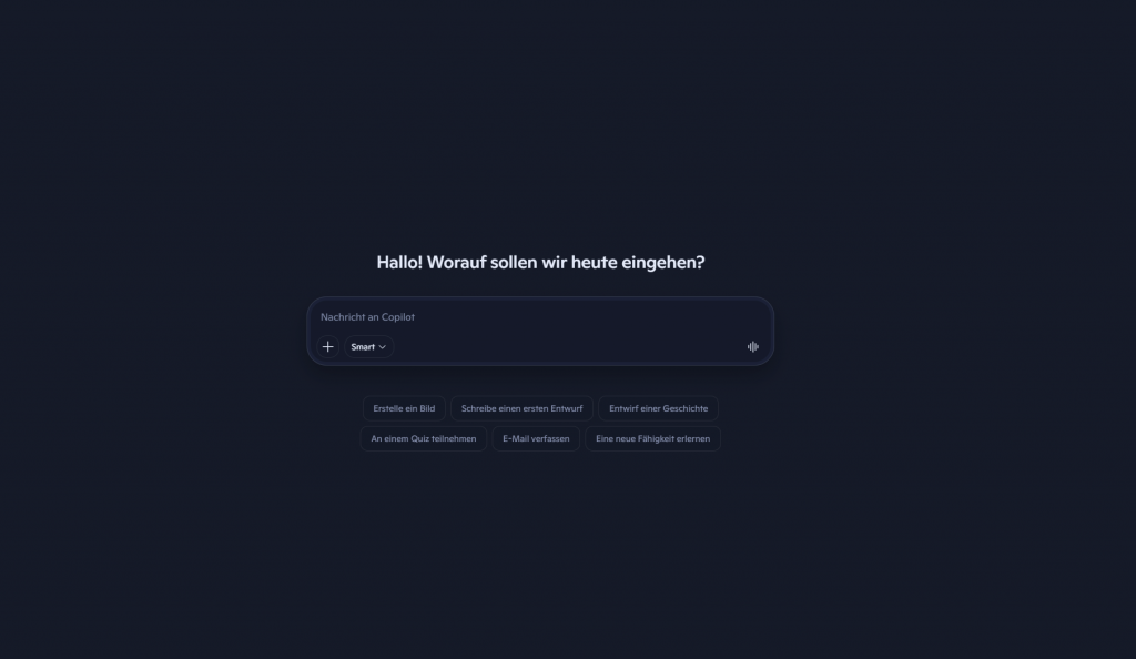 Microsoft Copilot Startseite geöffnet mit Eingabefeld