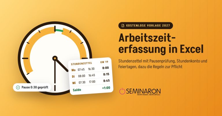 Arbeitszeiterfassung in Excel: Uhr mit markierter Arbeitszeit und Pause, daneben ein Stundenzettel mit Saldo