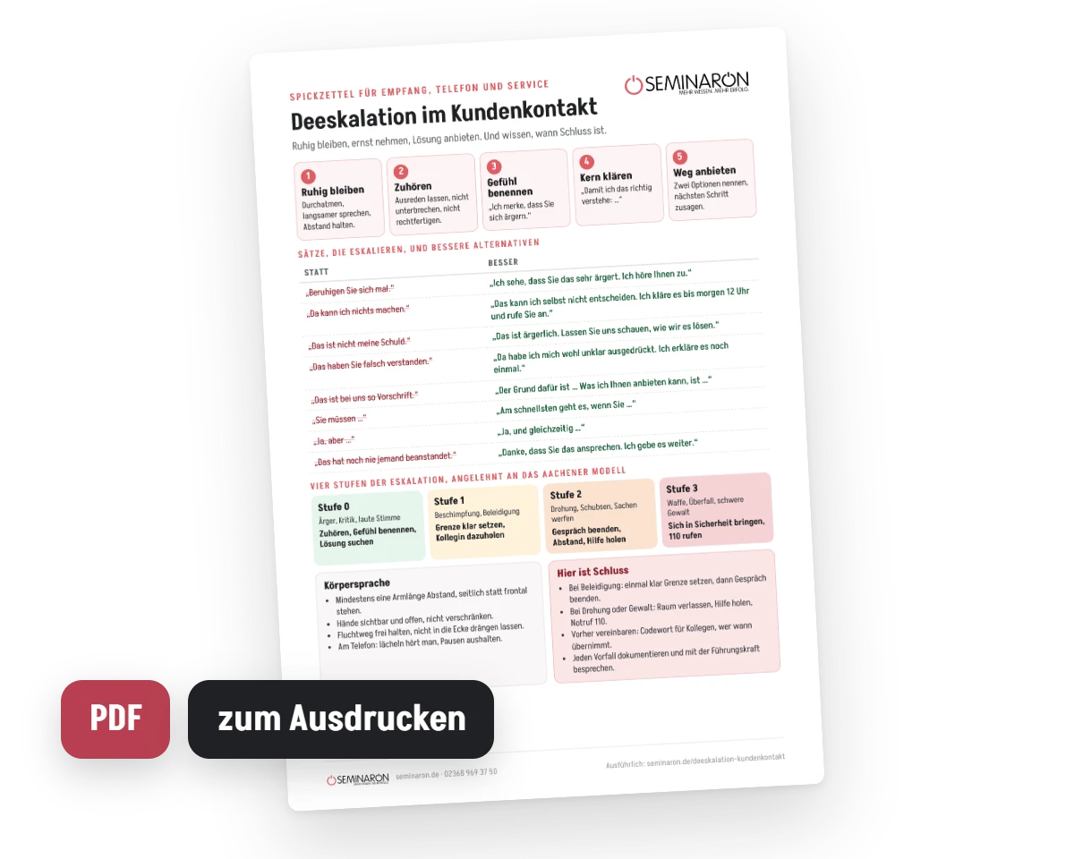 Vorschau des Spickzettels Deeskalation im Kundenkontakt zum Ausdrucken