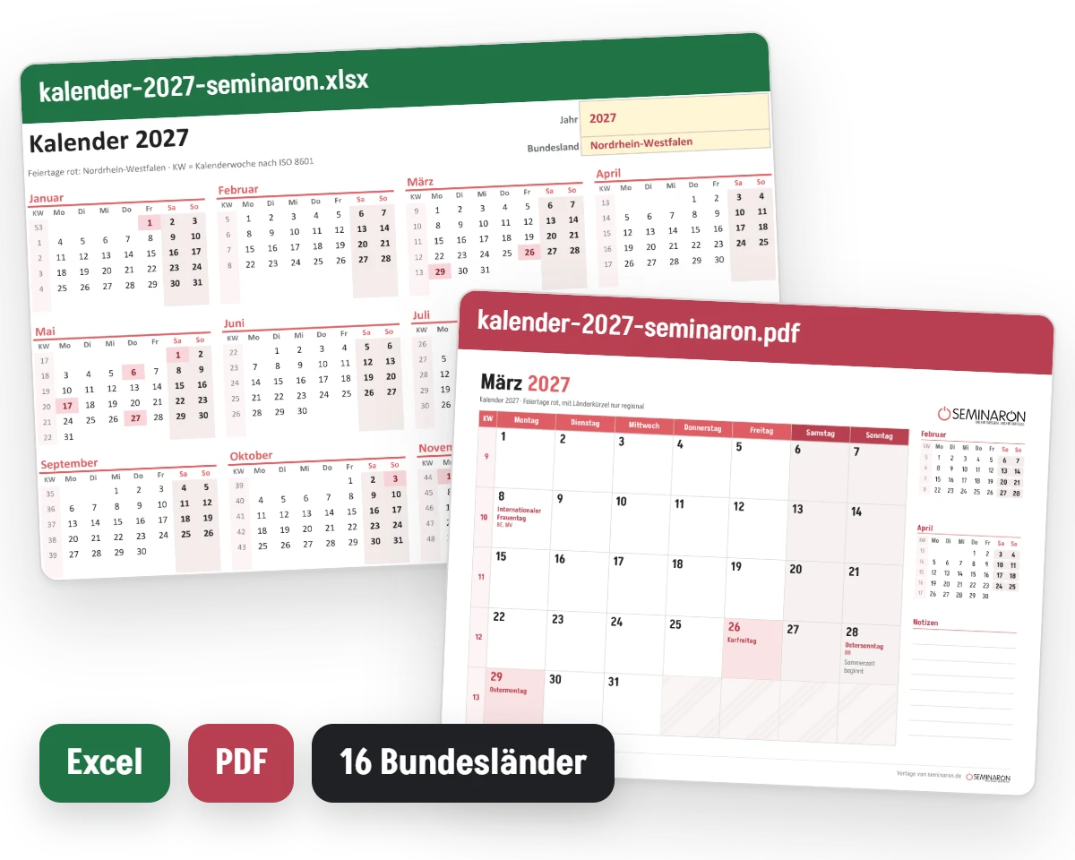 Vorschau des Kalenders 2027 als Excel-Vorlage mit Jahresübersicht und als PDF mit dem Monatsblatt März