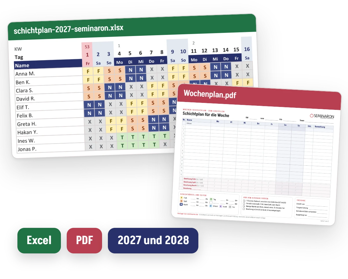 Vorschau der kostenlosen Schichtplan Excel-Vorlage 2027 und des Wochenplans als PDF
