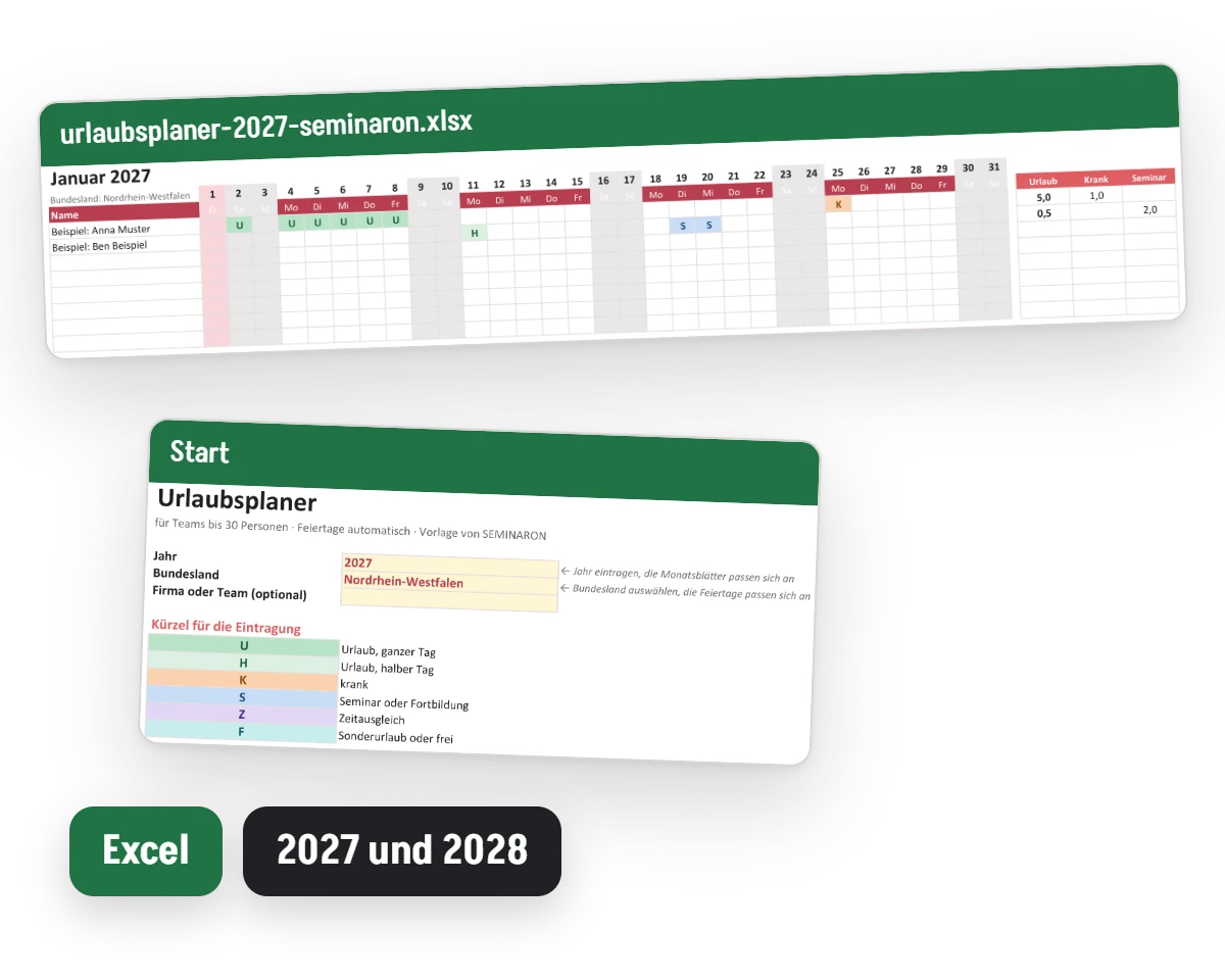 Vorschau der kostenlosen Excel-Vorlage Urlaubsplaner 2027 mit Monatsblatt und Urlaubskonto