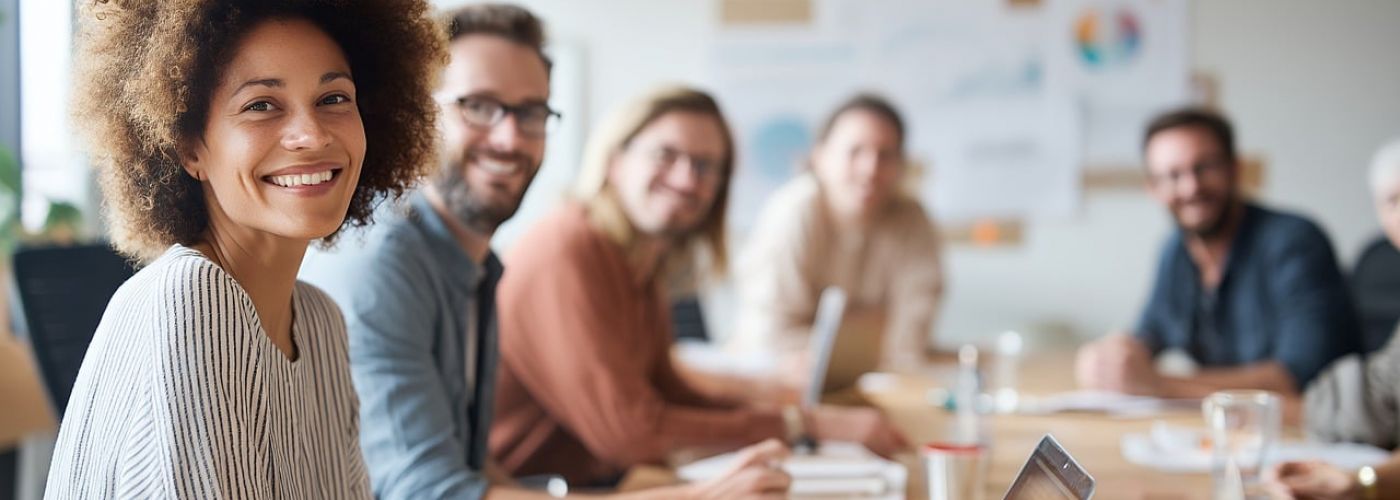 Das Team von SEMINARON lächelt freundlich in die Kamera gemeinsam an einem Tisch